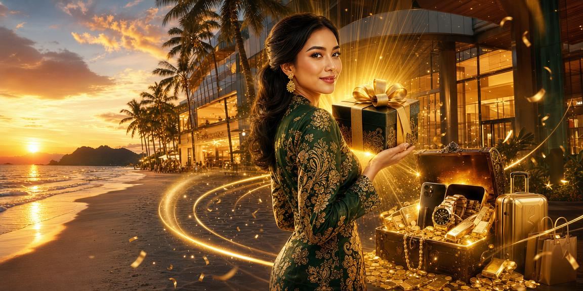Suasana hiburan kasino di Langkawi dengan pemain berbaju batik menikmati permainan jackpot dalam talian